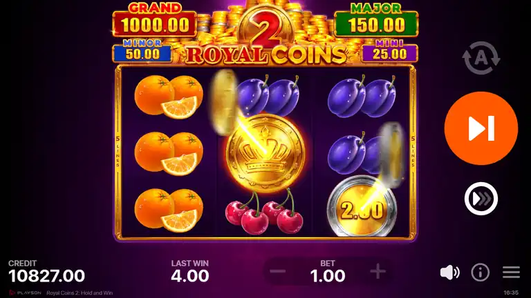 Royal Coins 2 base game at spin 462, credit 10827, bonus coin landing on reel 2