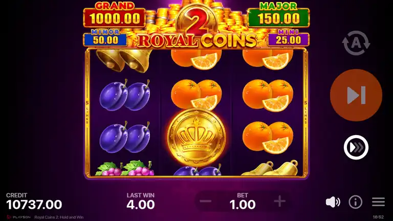 Royal Coins 2 base game at spin 898, credit 10737, orange fruit symbols with Royal Bonus coin on reel 2