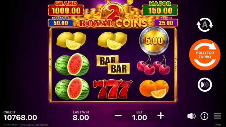 Royal Coins 2 base game at spin 1340, credit 10768, BAR BAR symbols with 777 wild and Bonus coin visible