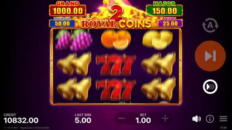 Royal Coins 2 base game at session end - spin 1,789, credit 10832, bells and 777 symbols