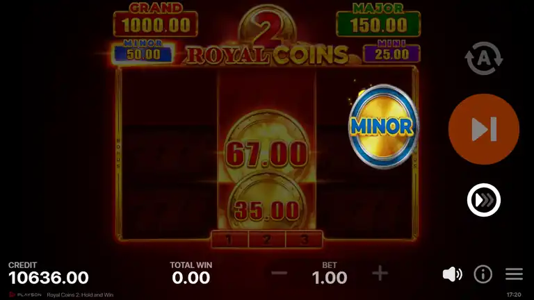 Royal Coins 2 Hold and Win feature active with warm amber full-screen overlay, gold Bonus coins showing 67.00 and 35.00 locked on the center reel and a MINOR jackpot coin on the right reel, three respins remaining