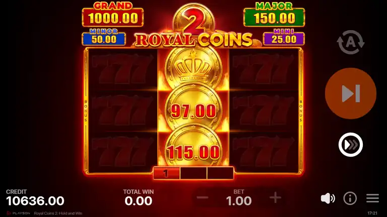 Royal Coins 2 Hold and Win mid-sequence with Royal Bonus crown coin at top of reel 2 showing accumulated total, two gold Bonus coins below showing 97.00 and 115.00 values, amber glow overlay active